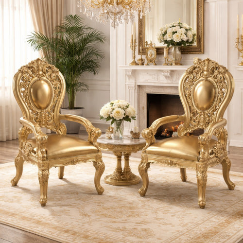 Armchair with Scrolled Crown Top Back and Ornate Motifs, Set of 2, Gold