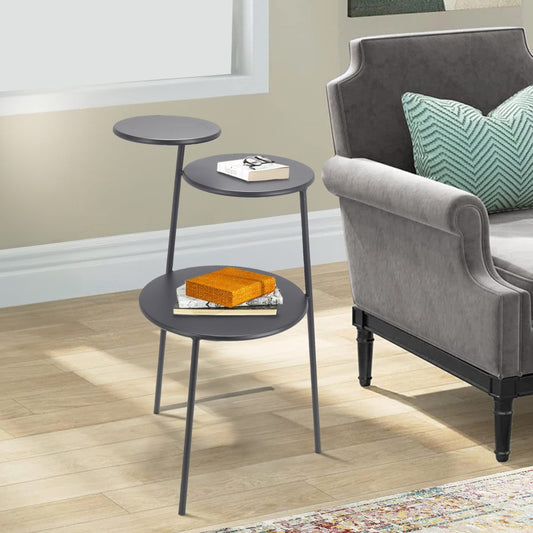 3 Tier Accent Table with Round Metal Top, Black By Casagear Home