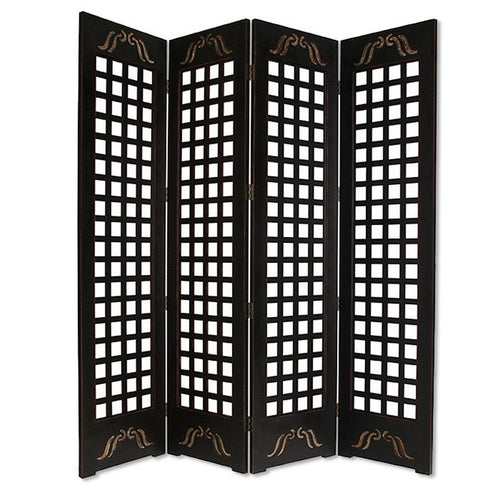Wooden 4 Panel Screen with Asian Influenced Squares, Black and Gold