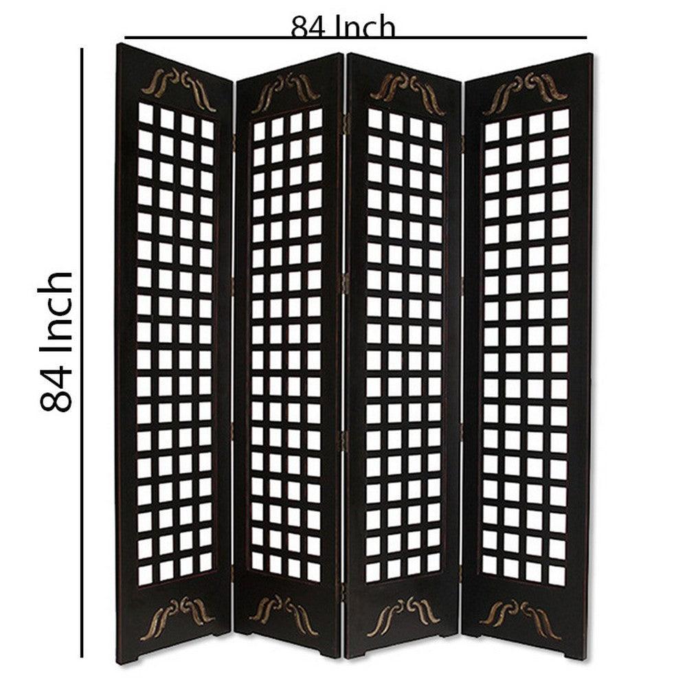 Wooden 4 Panel Screen with Asian Influenced Squares Black and Gold BM26464
