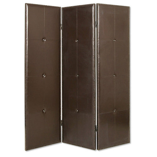 Wooden 3 Panel Screen with Button Tufting and Antique Nailheads, Brown