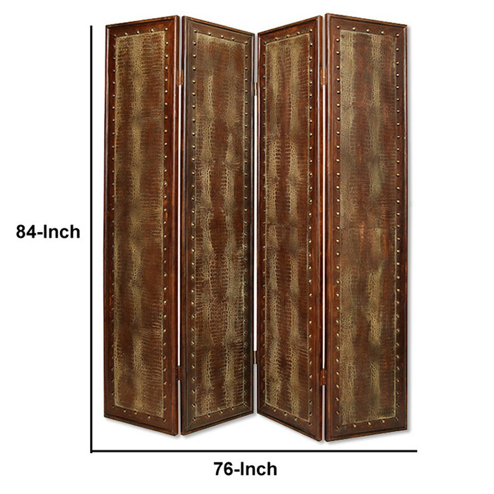 Wooden 4 Panel Floor Screen with Nailhead Trim Accents Brown BM26469