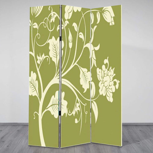 Arlo Room Divider | 3 Panel | Stems & Flower Pattern | Cream & Green