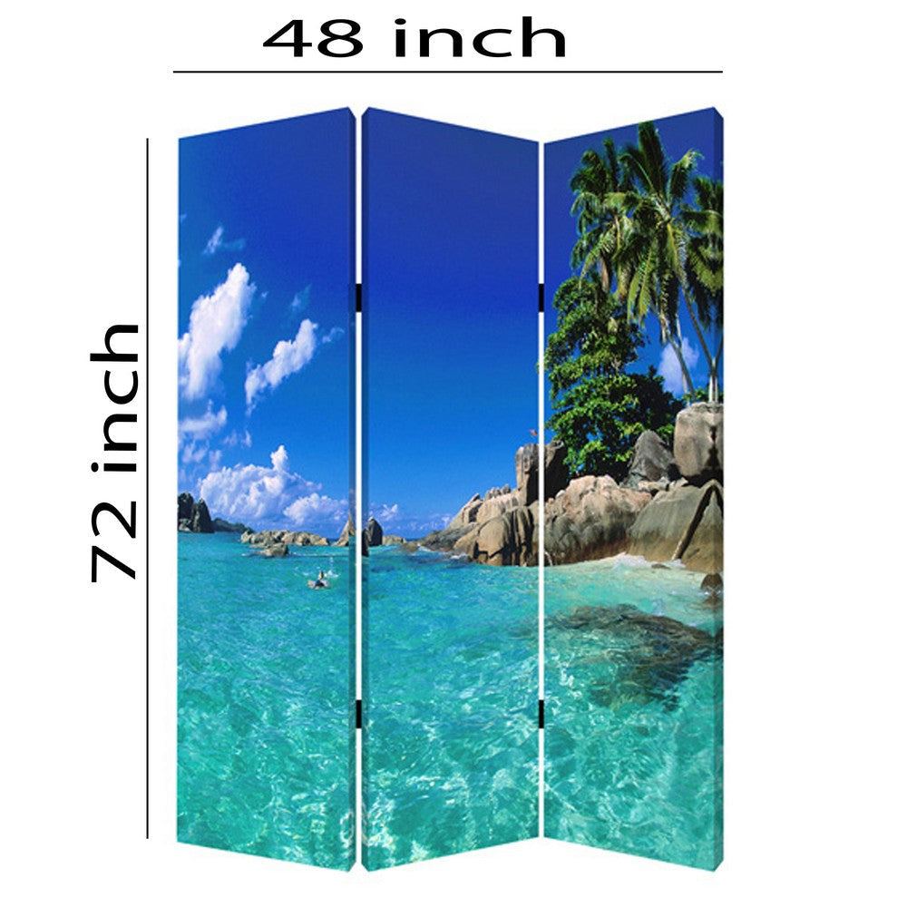 3 Panel Foldable Canvas Screen with Exotic Oceanside Print Multicolor BM26516