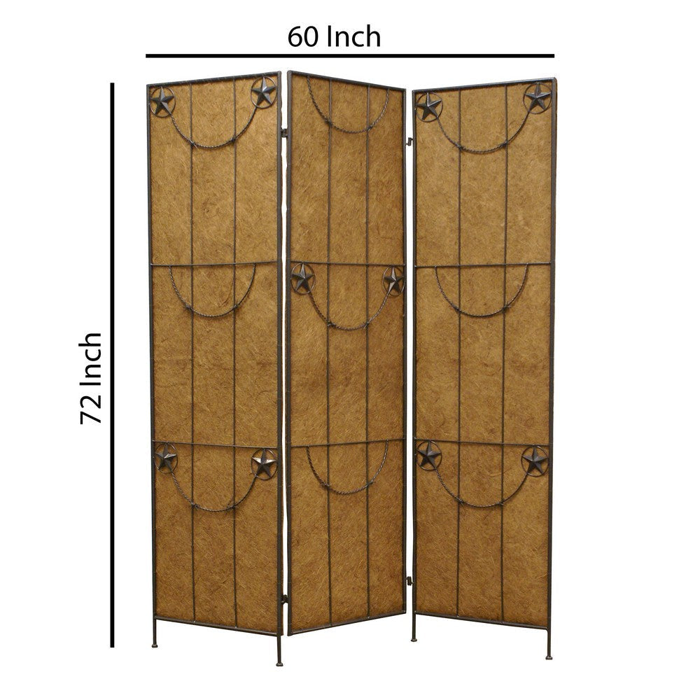 3 Panel Foldable Canvas Grill Screen with Lone Stars Brown BM26551