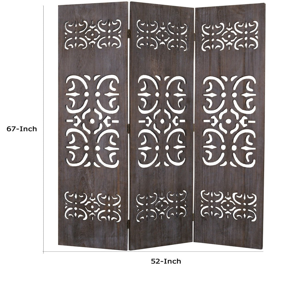 3 Panel Shinto Cut Out Design Foldable Room Divider Brown BM26575