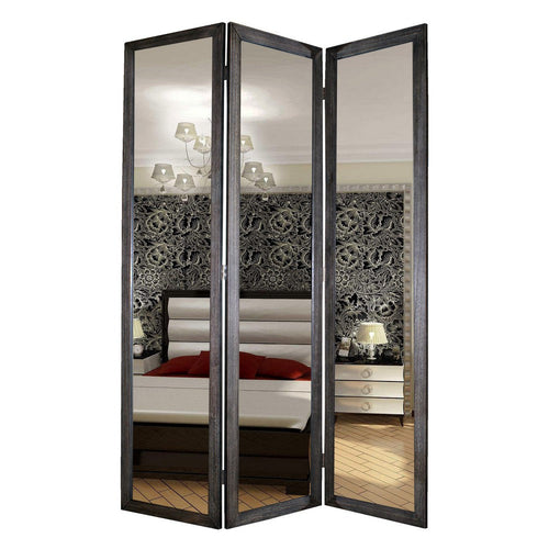3 Panel Wooden Foldable Mirror Encasing Room Divider, Gray and Silver