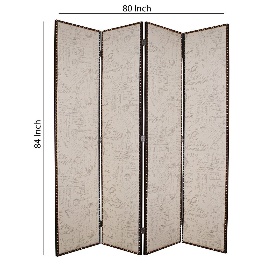 4 Panel Scripted Fabric Wooden Foldable Room Divider Beige and Brown BM26595