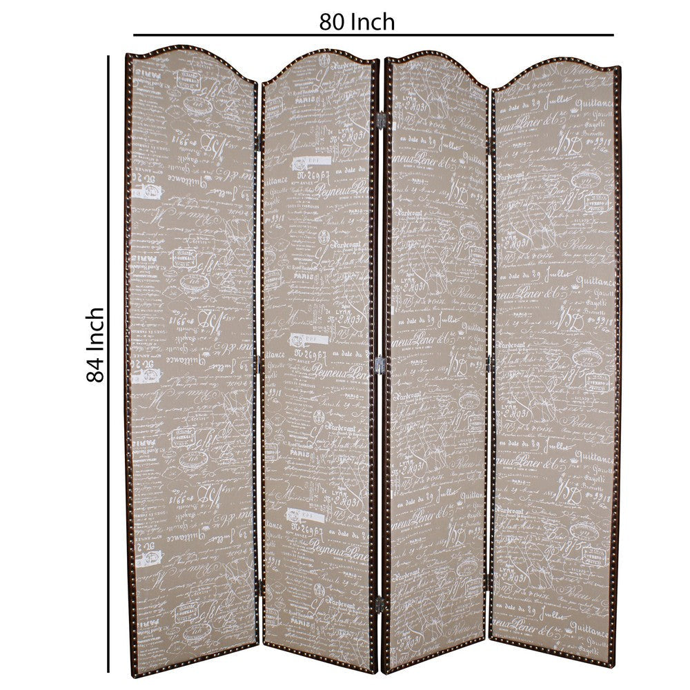 4 Panel Scripted Fabric Wooden Scalloped Room Divider Beige and Brown BM26596