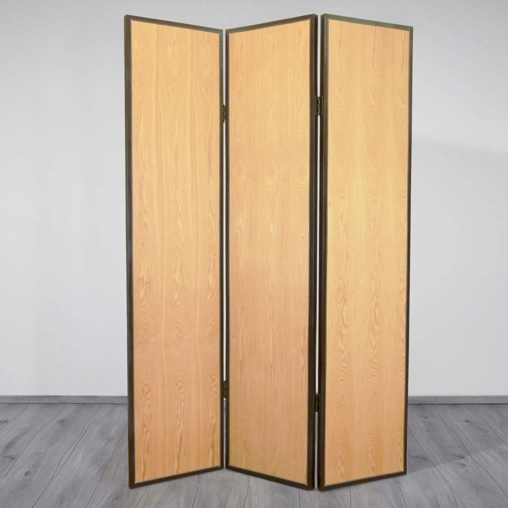 Foldable 3 Panel Wooden Screen with Faux Leather Trim, Brown