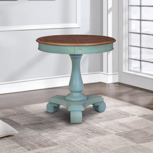 Wooden Accent Table with Round Tabletop, Teal Blue and Brown By Casagear Home