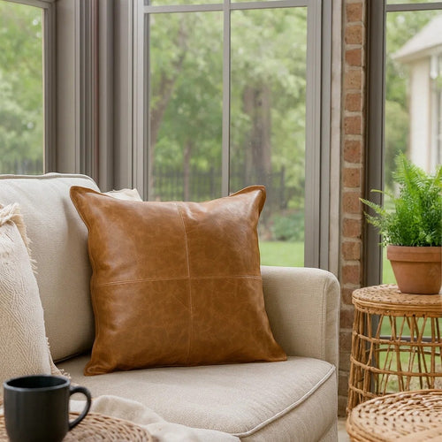 Luxe Throw Pillow | Square | Faux Leather | Stitched | Brown