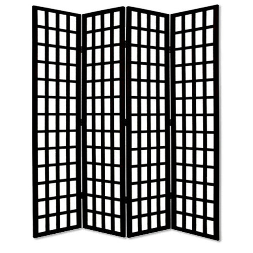 Wooden 4 Panel Foldable Window Pane Screen with Grid Design, Black