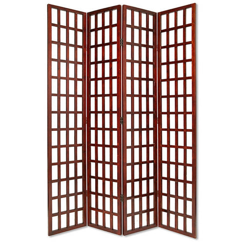 Wooden 4 Panel Foldable Window Pane Screen with Grid Design, Brown