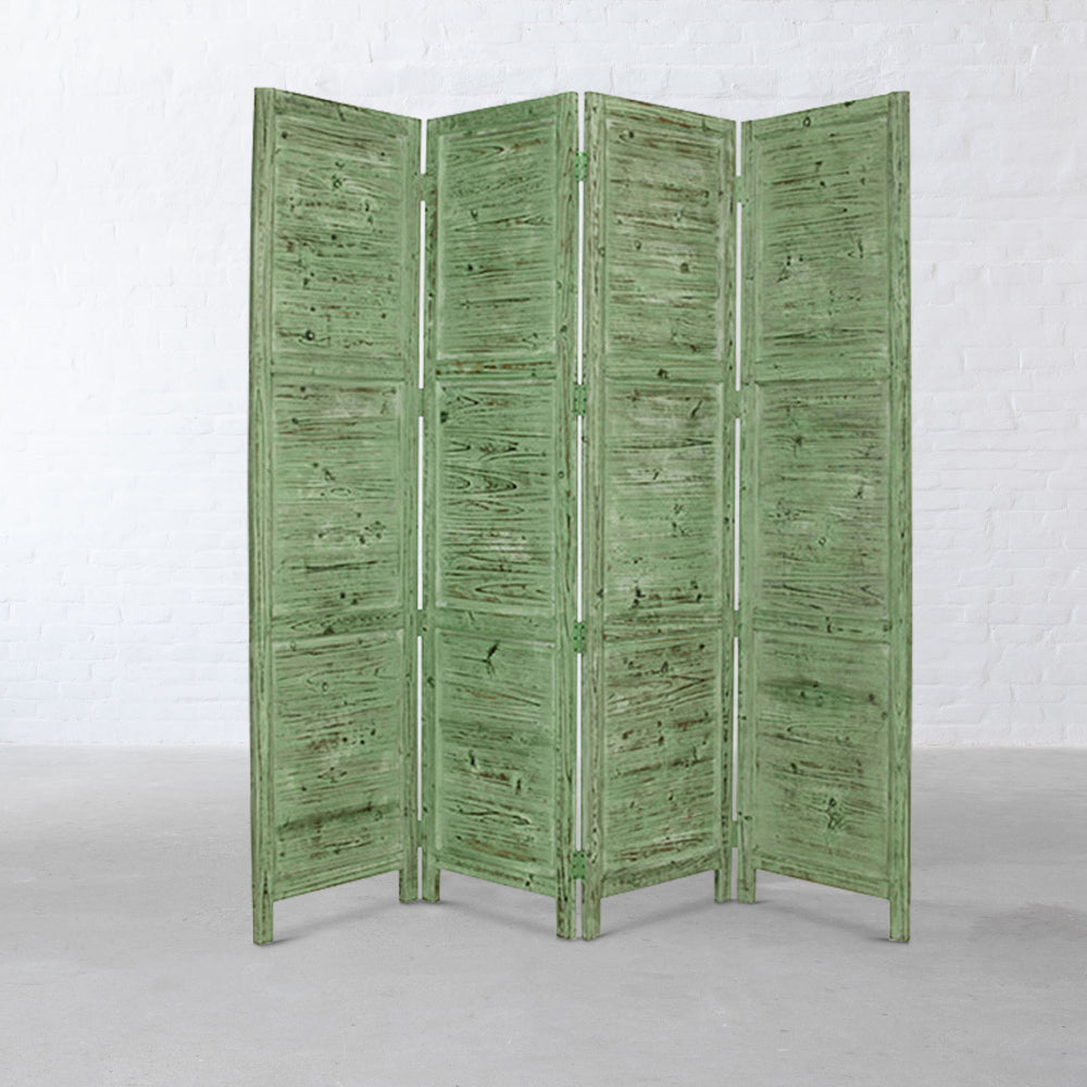 Wooden 4 Panel Foldable Floor Screen with Textured Panels, Green