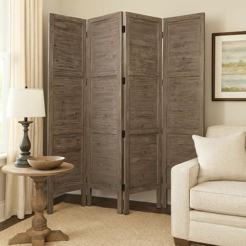 Wooden 4 Panel Foldable Floor Screen with Textured Panels, Gray