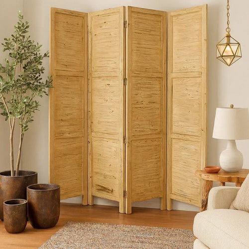 Wooden 4 Panel Foldable Floor Screen with Textured Panels, Yellow