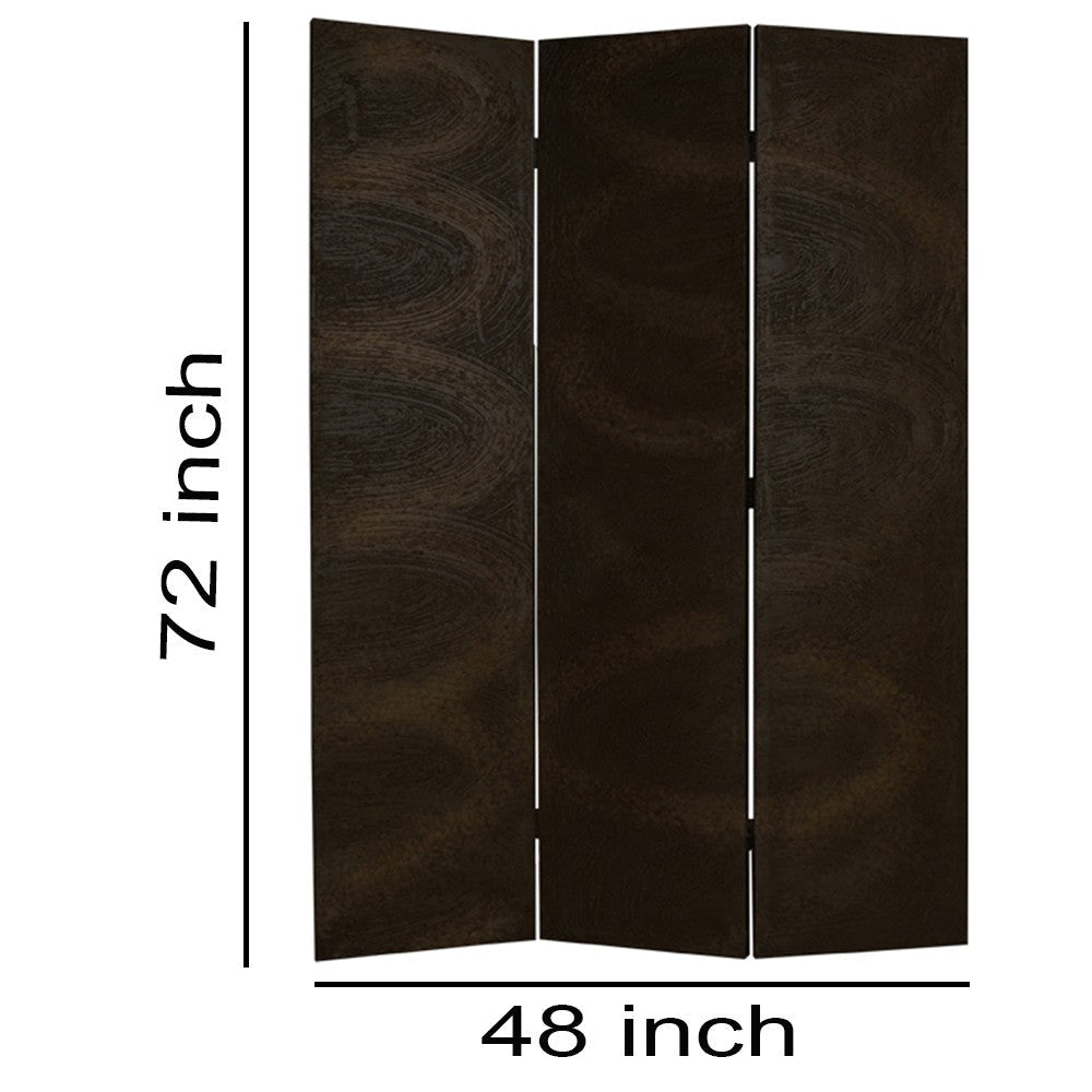 Foldable 3 Panel Canvas Room Divider with Swirl Details Dark Brown BM26687