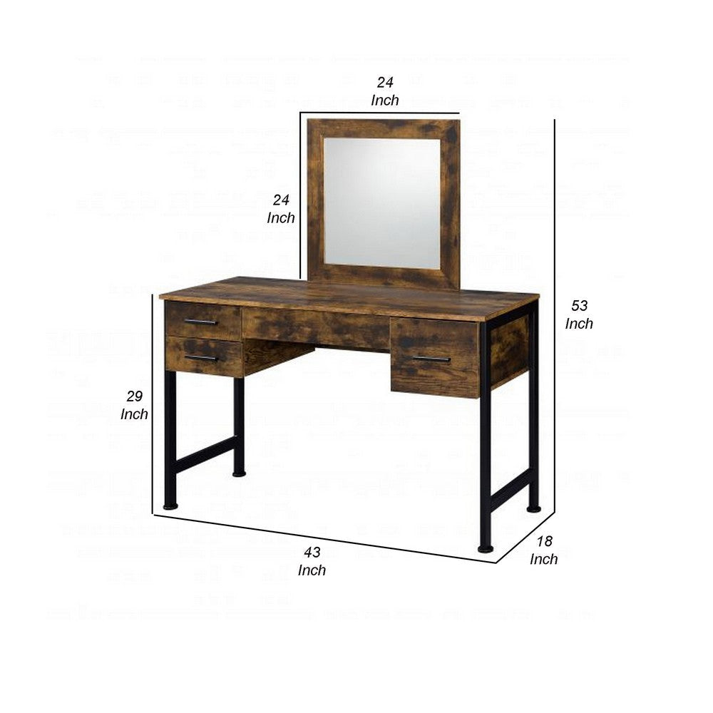 Vivian Vanity Desk | 4 Drawers | Square Mirror | Brown & Black BM268893