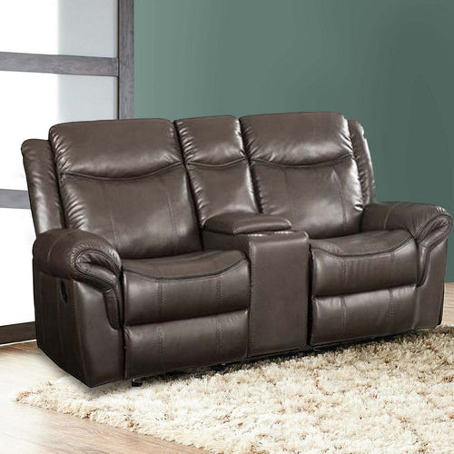 Leather Motion Loveseat with USB Dock and Storage Console, Brown