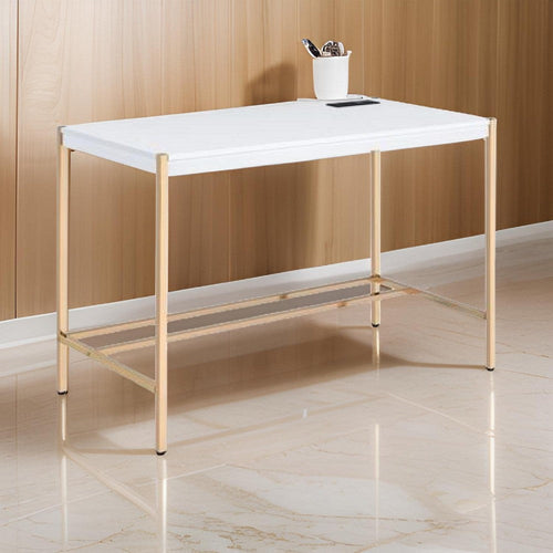 Nova Writing Desk | USB Dock | Metal Legs | White & Rose Gold
