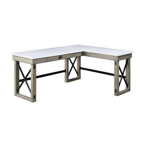L Shaped Writing Desk with Marble Lift Top and Sled Base, Gray and White