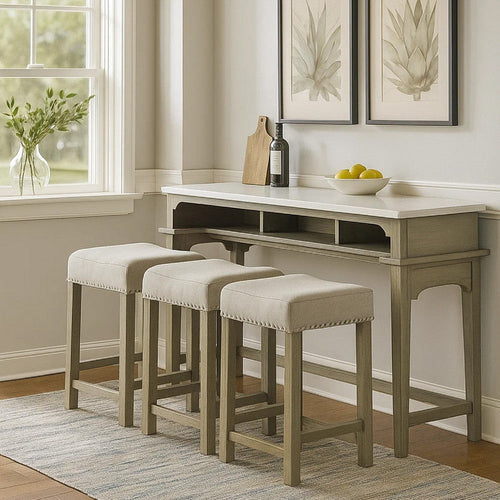 4 Piece Counter Height Set with Marble Top and USB, White and Oak Brown