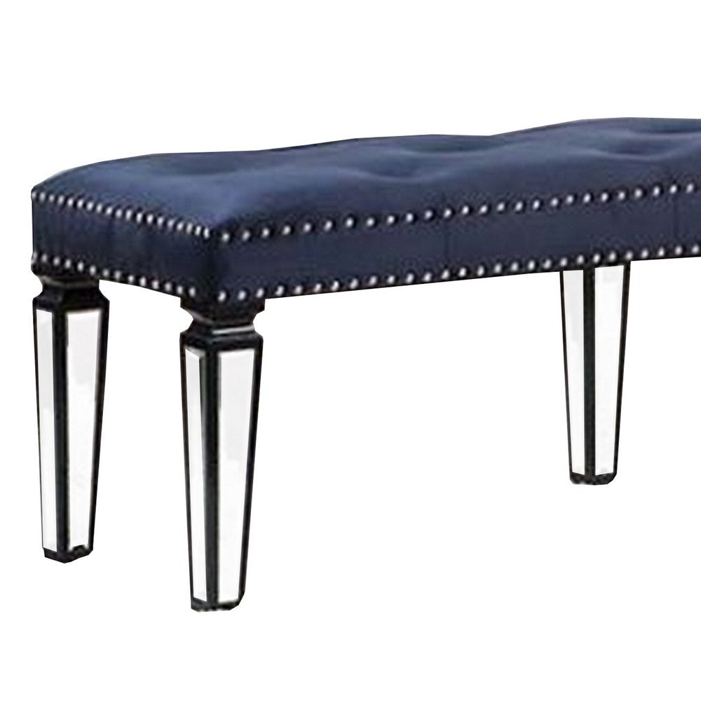 Bench with Button Tufting and Mirror Tapered Legs Blue BM269606