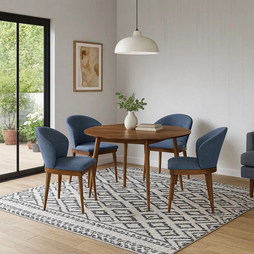 Cora 5 Piece Dining Table Set | Curved Side Chairs | Brown & Blue