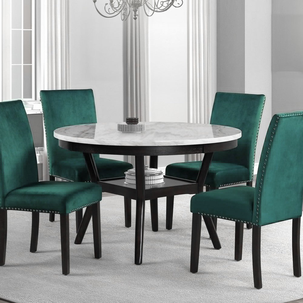 Kate 47 Inch Round Dining Table with Faux Marble Top, White and Brown