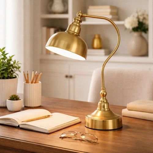 Desk Lamp | 25" | Curved Metal | Dome Shade | Brass