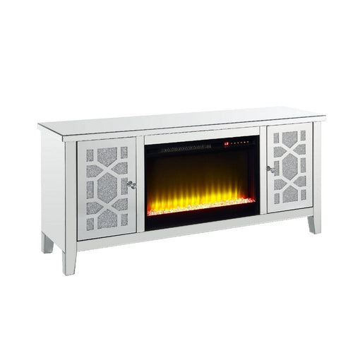 59 Inch Doe Mirrored TV Stand, Timer Fireplace, Acrylic Diamond, Silver