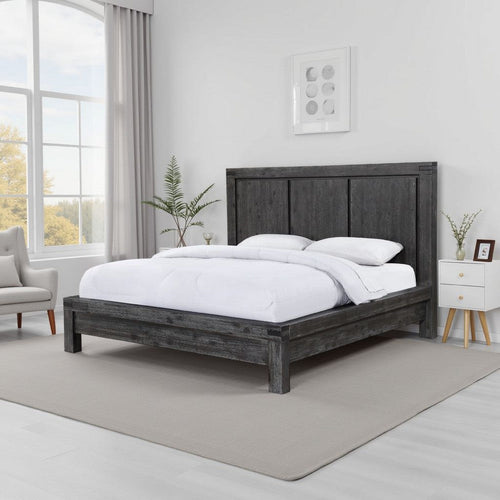 Pim Solid Wood Platform Queen Bed, Plank Panel Headboard, Brushed Gray