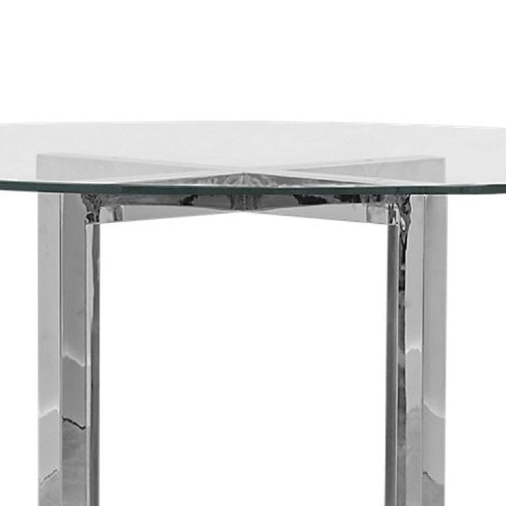 Eun 48 Inch Round Counter Table with Clear Glass Top Cross Base Chrome