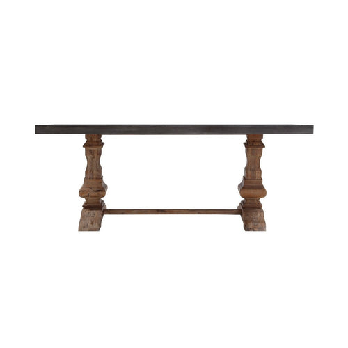 83 Inch Concrete Top Dining Table, Acacia Wood, Turned Pedestal Base, Gray