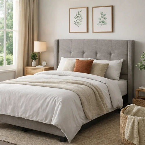 Adams Queen Size Headboard, Adjustable Metal Legs, Tufted Linen, Gray