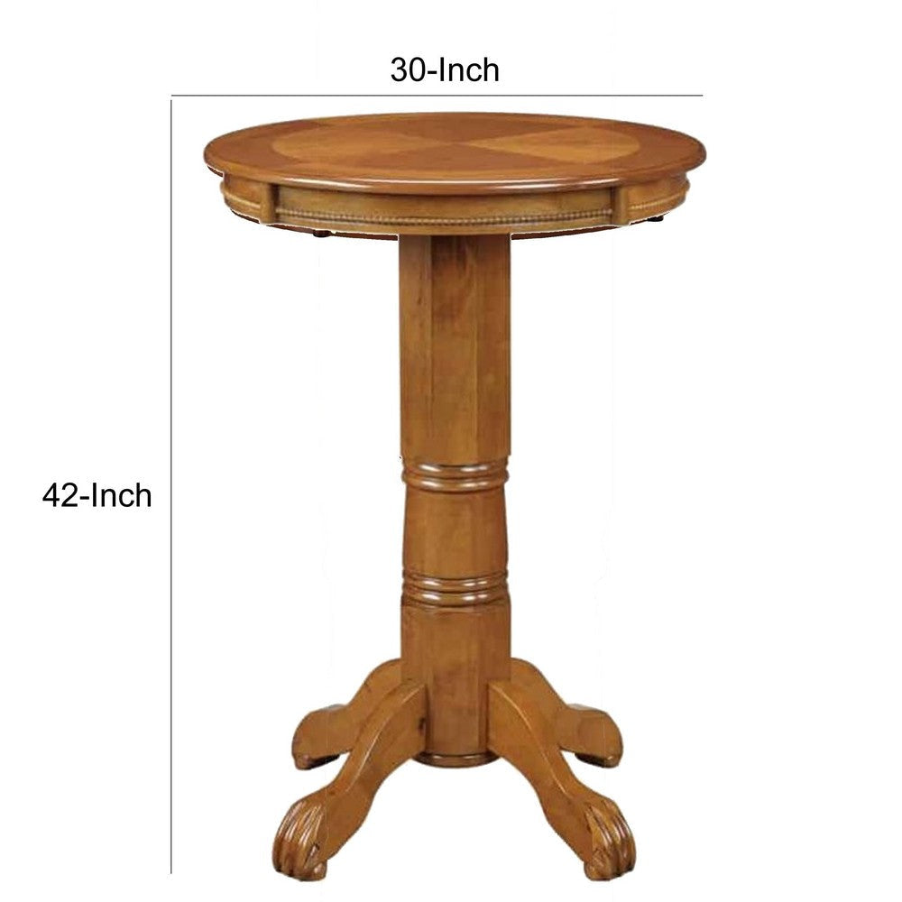Ava 42 Inch Wood Pub Bar Table Sunburst Design Carved Pedestal Light Natural Cherry BM274270