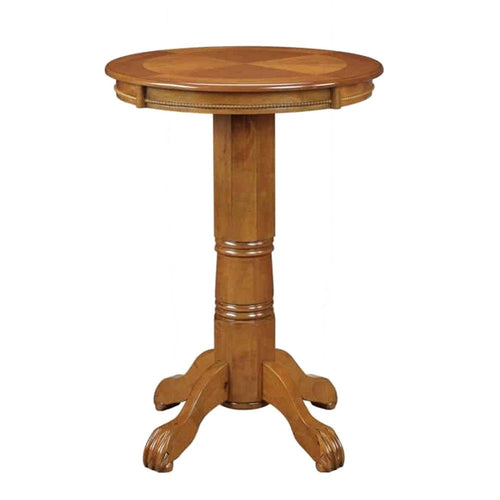 Ava 42 Inch Wood Pub Bar Table, Sunburst Design, Carved Pedestal, Light Natural Cherry