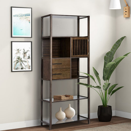 Axa 68 Inch Bamboo Shelf Bookcase with Cabinet, Right Facing, Dark Brown By Casagear Home