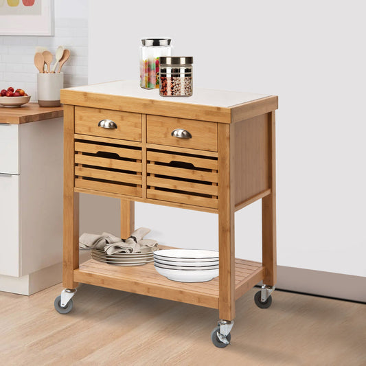 36 Inch Bamboo Kitchen Cart Island, 2 Drawers, Stainless Steel Top, Brown By Casagear Home