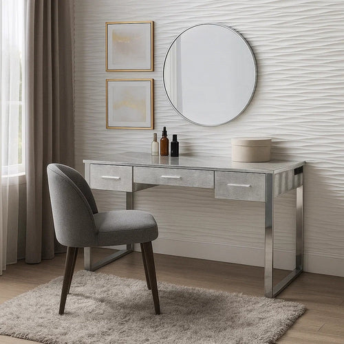 San 50 Inch Textured Vanity Desk with Round Mirror, Metal Sled Base, Chrome
