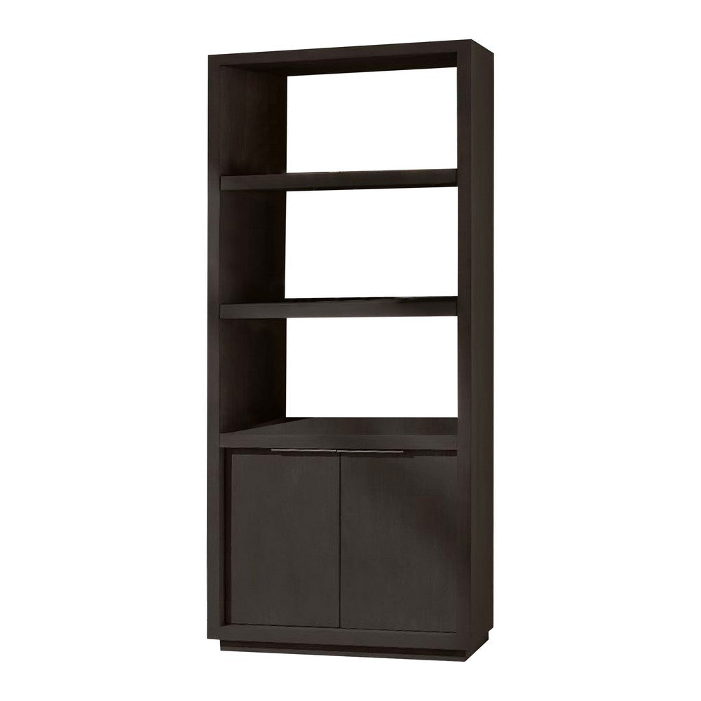 Jose 74 Inch Solid Wood Bookshelf, 2 Cabinets, Plinth Base, Dark Gray