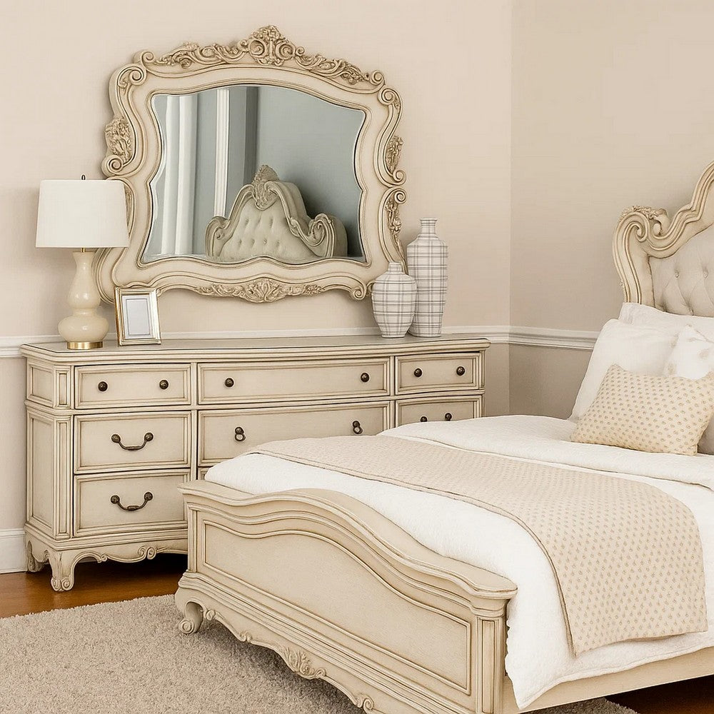 50 inch Solid Wood Mirror Scalloped Scroll Ornate Trim Antique White 50 inch Solid Wood Mirror Scalloped Scroll Ornate Trim Antique White