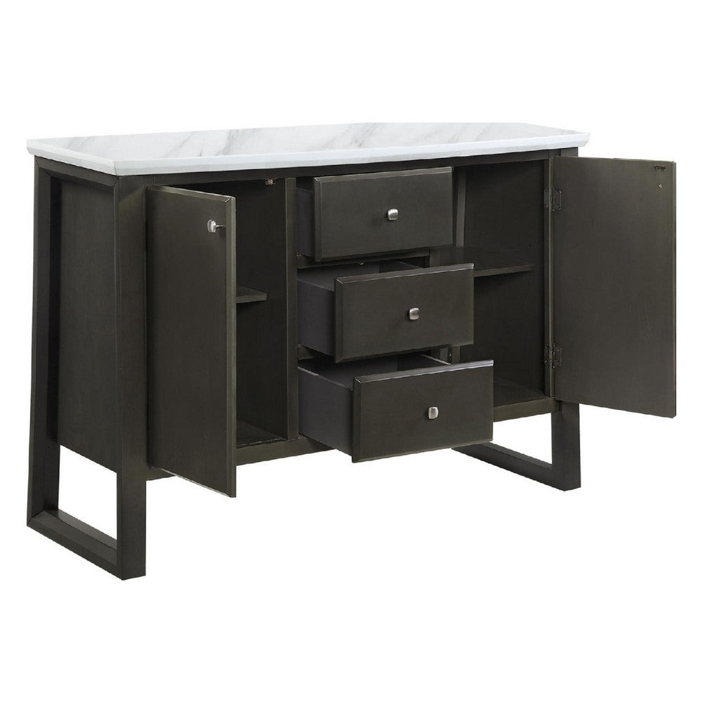54 Inch Solid Wood Sideboard Cabinet Console 3 Drawers Faux Marble Gray BM275472
