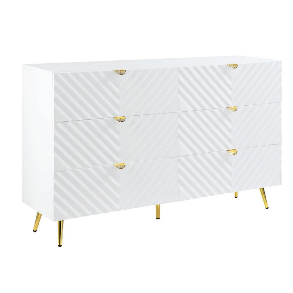 Tyra 55 Inch Wood Dresser Wavy Textured Design Gold Metal Legs White Tyra 55 Inch Wood Dresser Wavy Textured Design Gold Metal Legs White