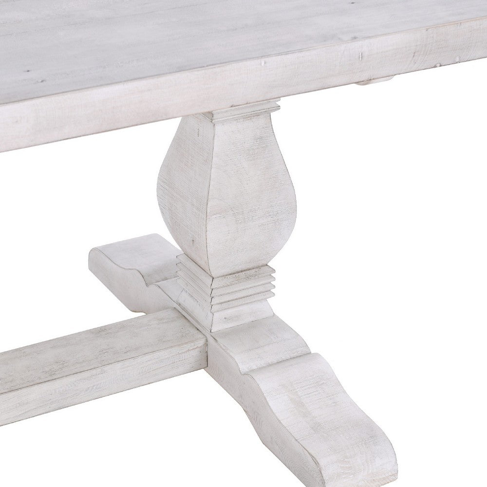 Kai 95 Inch Reclaimed Pine Wood Dining Table, Double Turned Pedestal, White
