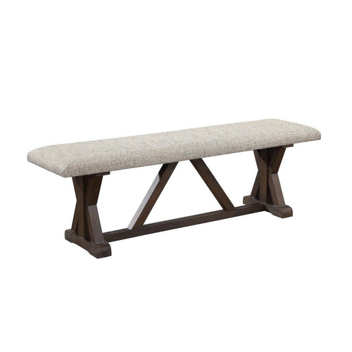 60 Inch Bench, Padded Cushion, X Shaped Trestle Base, Gray, Oak Brown