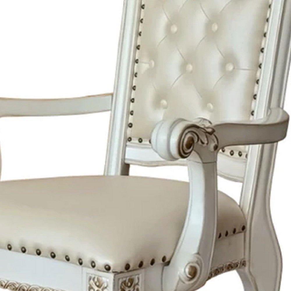 27 Inch Classic Vegan Leather Armchair Button Tufted Carved White BM275731
