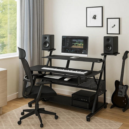 Gia Music Desk | 67" | Keyboard Tray | Shelves | Black