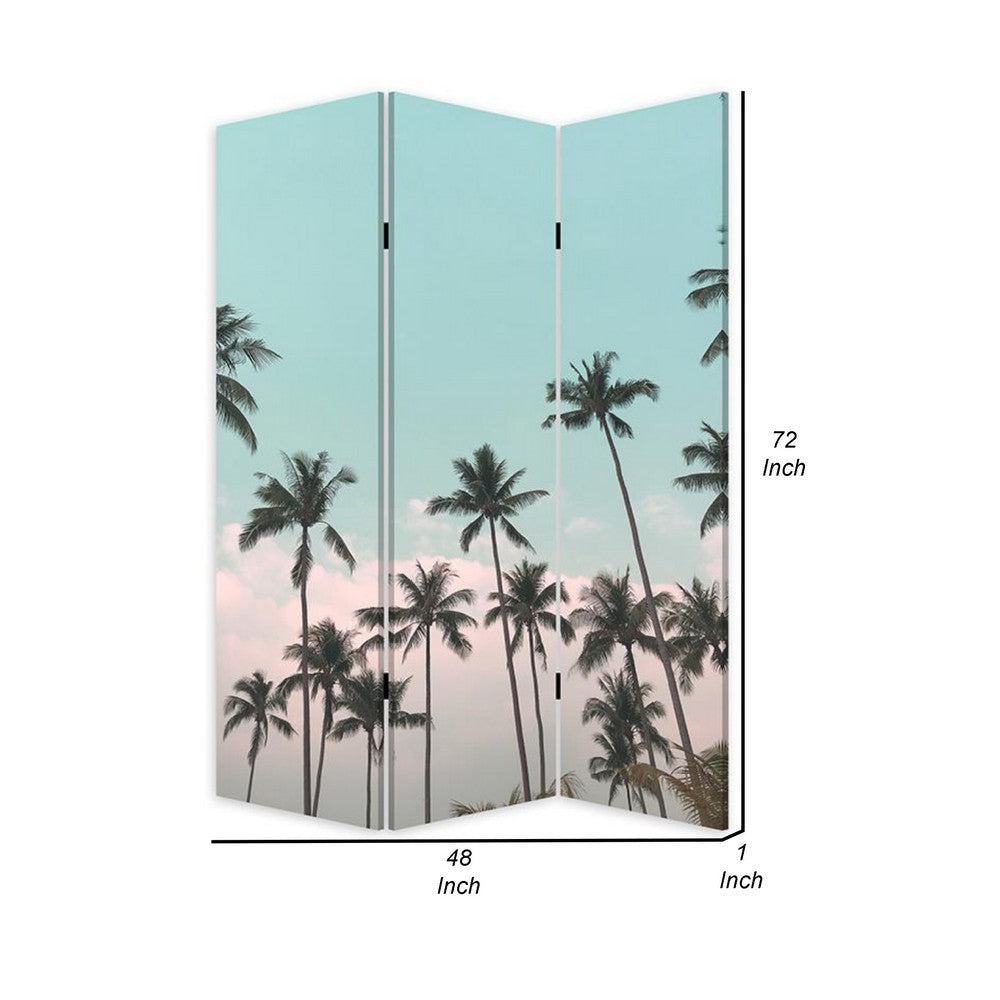 72 Inch 3 Panel Canvas Foldable Room Divider Blue Sky Palm Trees Black BM276720